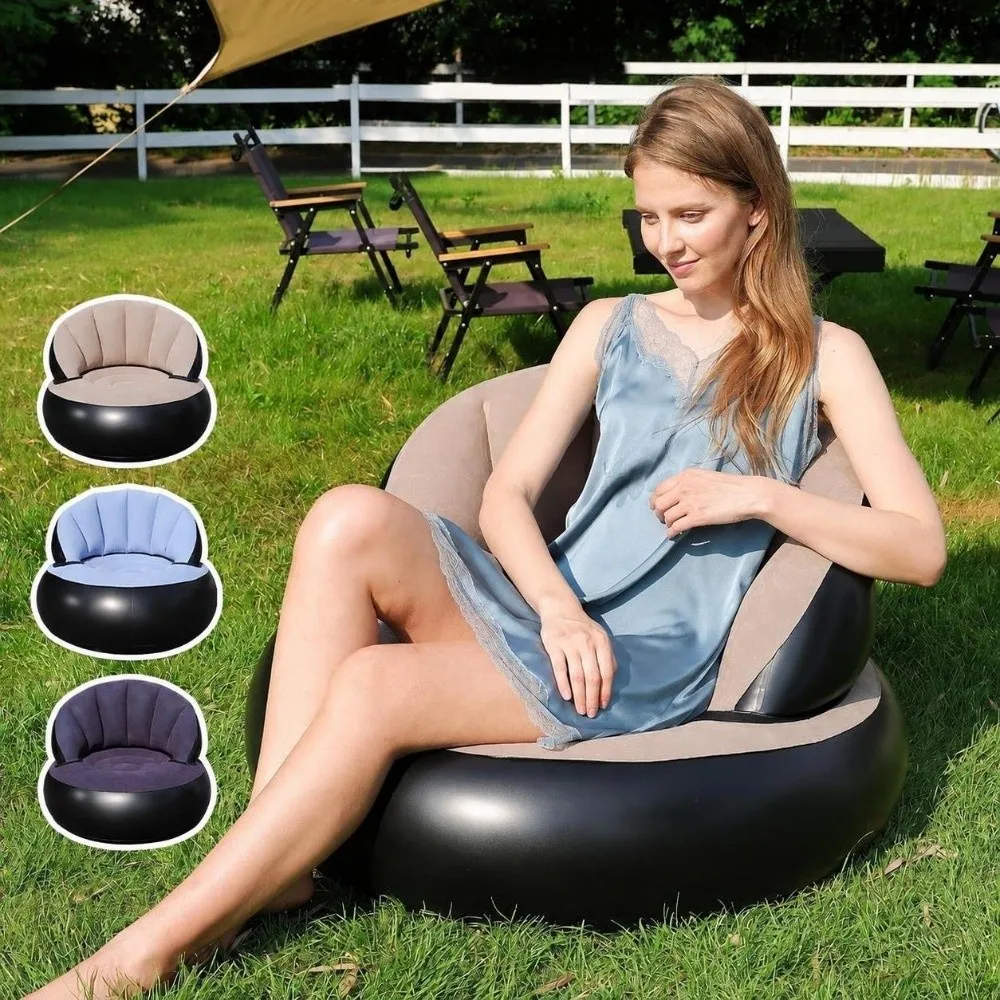 Thickened PVC Inflatable Lazy Sofa Ergonomic Backrest Flocked Velvet Portable Single Seater Quick Inflate Air Sofa Recliner
