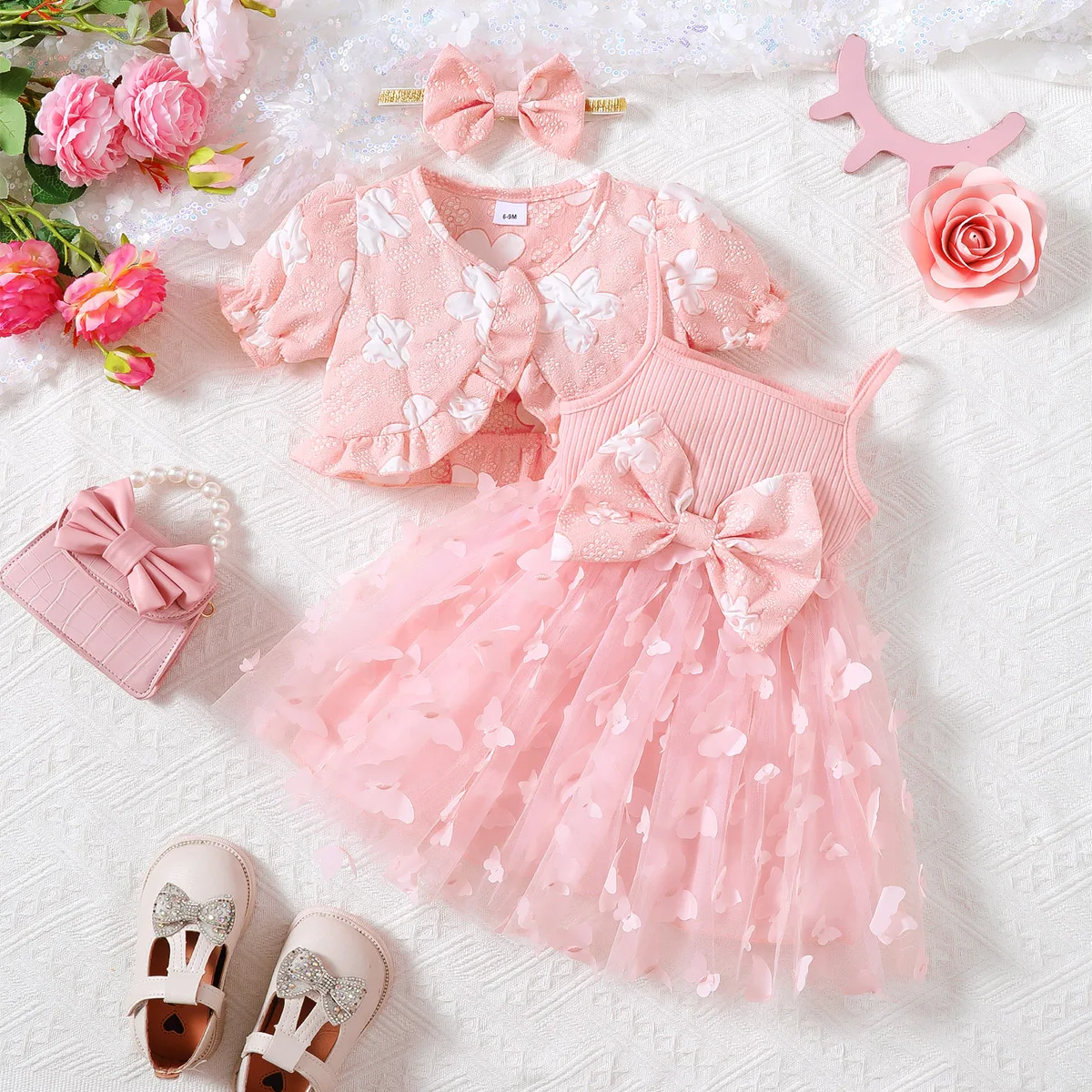 3Pcs Baby girl Summer Princess Dress Beautiful Butterfly Chiffon Dress +Shawl+Bow Set 0-3 Year Children's Birthday Party Dress