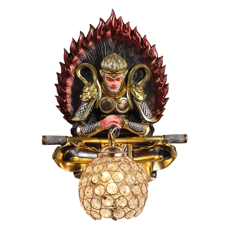 New Chinese style creative Sun Wukong wall lamp living room corridor bedroom bedside lamp decoration  monkey crystal wall lamp