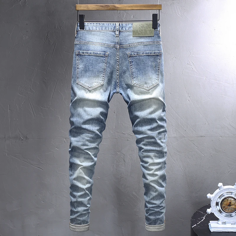 Korean Style Fashion Men Jeans Retro Light Blue Destroyed Hole Ripped Jeans Men Elastic Slim Fit Vintage Designer Denim Pants