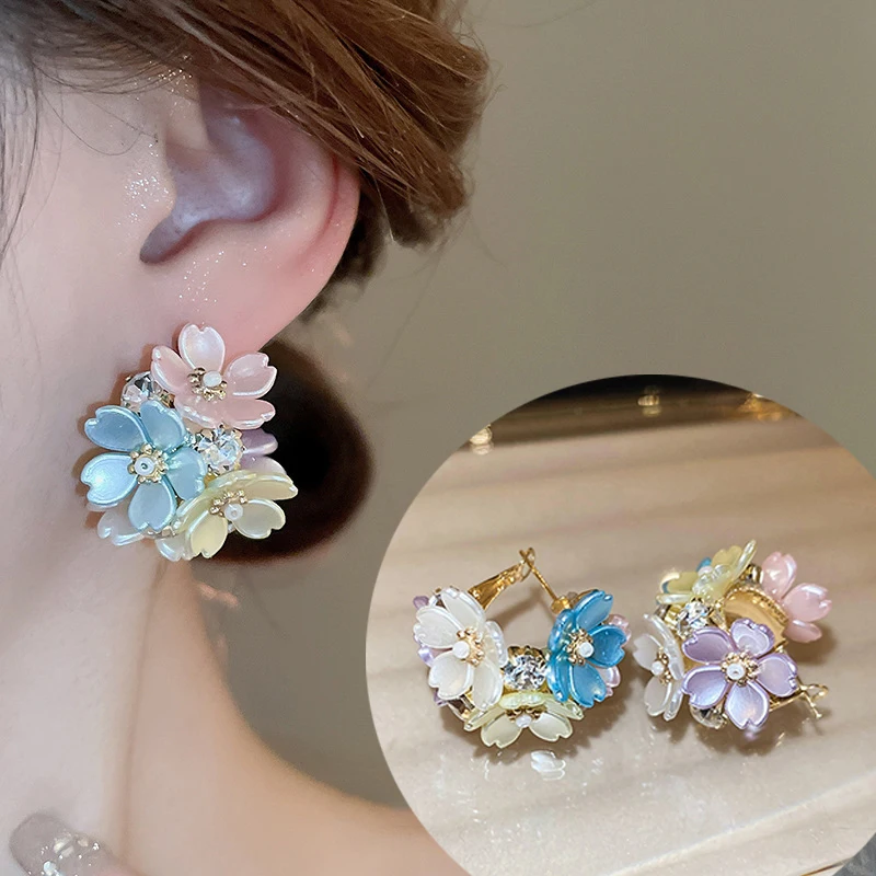 Kiss Jewelry 2024 Flower Stud Earrings for Women Korean Fashion Dopamine Colored Floral Petal Ball Hoop Earring Party Gift