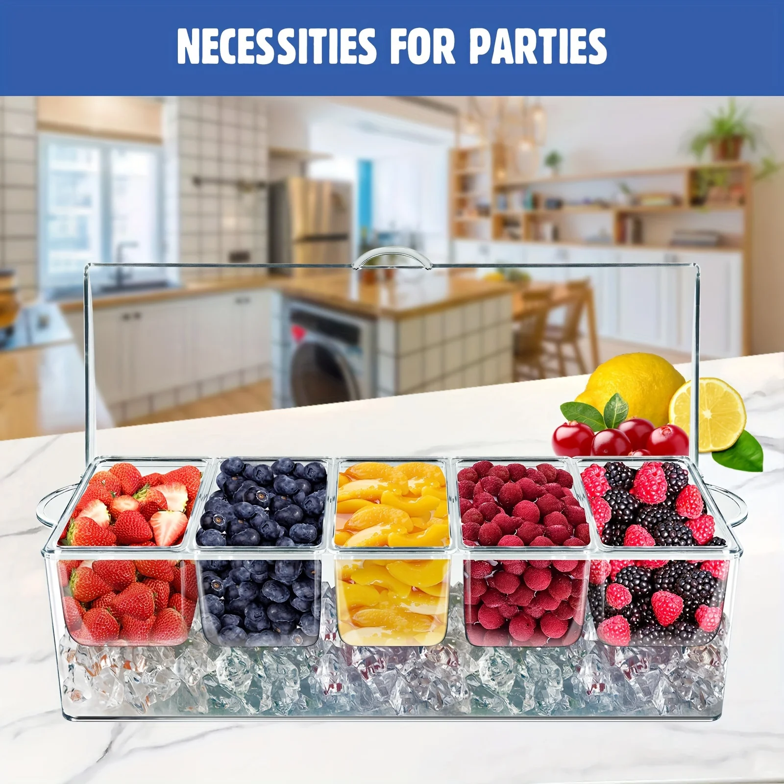 

for bar Serving Tray On Ice With 5 Compartments Container, 5 Forks And 3 Pliers, Fruit Trays For Serving, Garnish Platters With