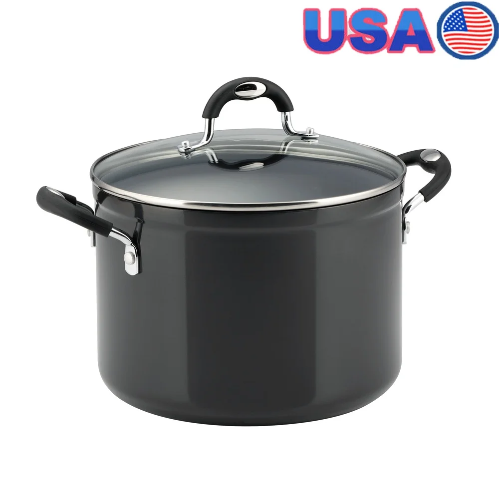 

8Qt Ceramic Covered Stock Pot Heavy Gauge Aluminum Durable Porcelain Enamel Tempered Glass Lid Ergonomic Handles Oven Safe