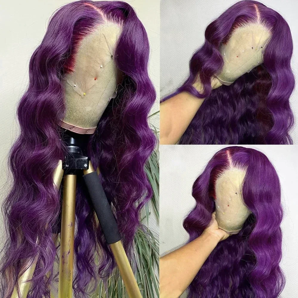 Peruca Sintética de Renda Frontal 32 Polegadas Roxo Escuro com Ondas Corporais 13x4 HD 180 Densidade Pré-Plucked Pronta para Usar