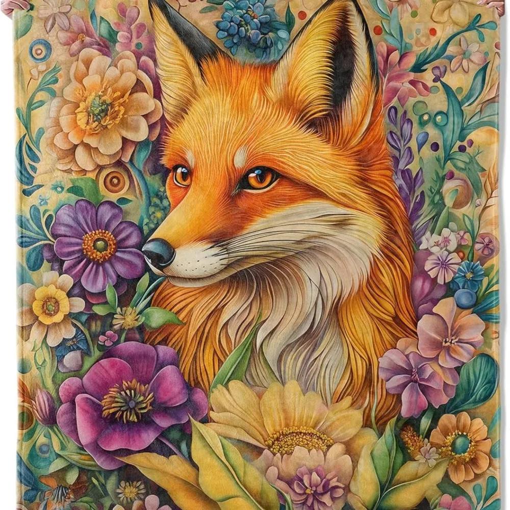 1pc Fox Vintage Flowers Flannel Blankets Throw Unique Gifts Cute Animal Pattern Flannel Blanket Gifts Idea Four Season Use
