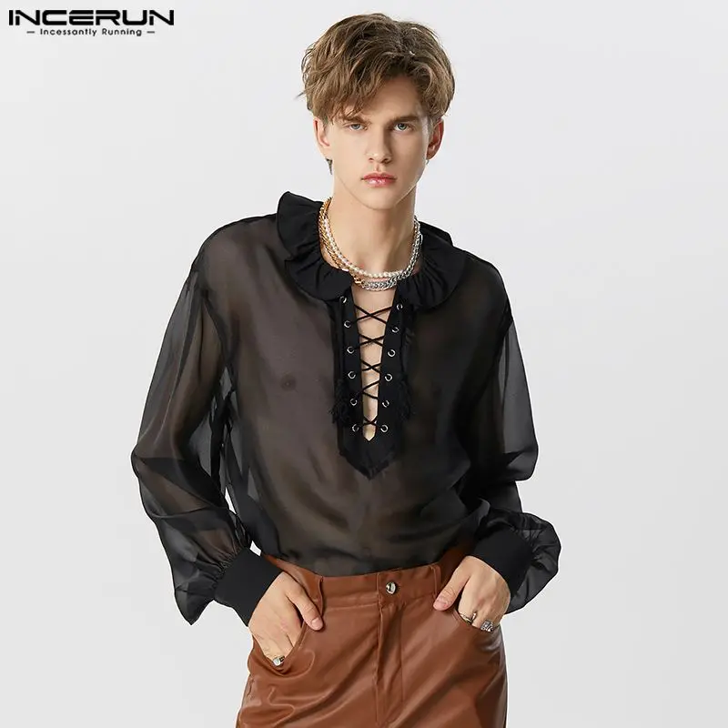 INCERUN Tops 2023 American Style New Men\'s Ruffled Tie Loose Shirts Casual Sexy Male Thin Perspective Long Sleeved Blouse S-5XL