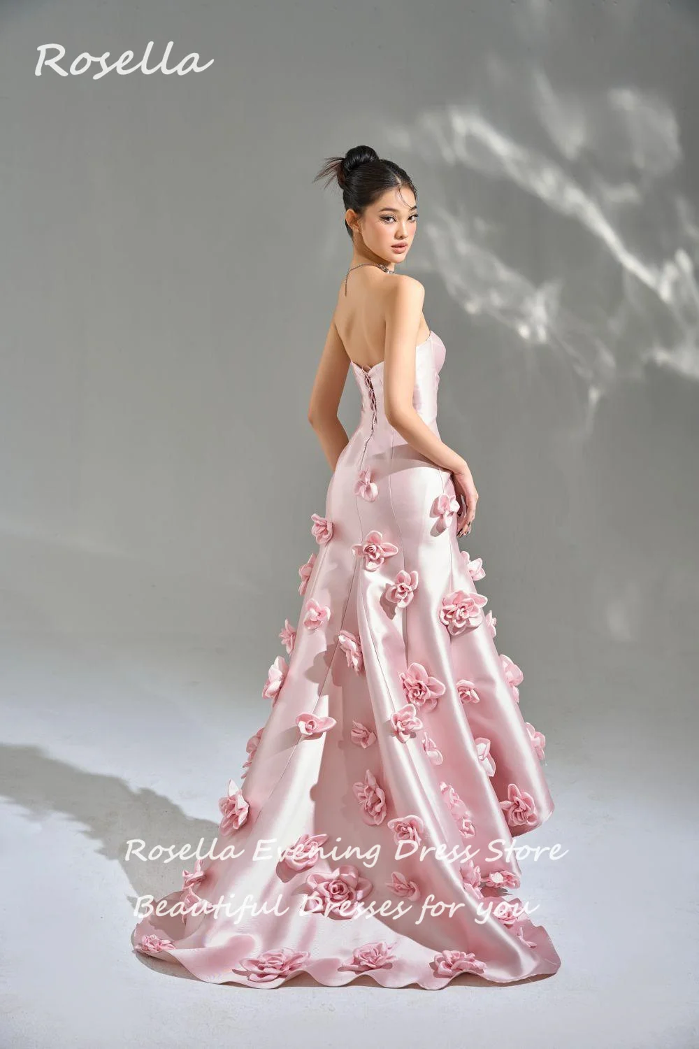 ROSELLA Pink Strapless Charming Prom Dress 3D Flowers Formal Gown Layer Evening Gown Lace Up Sweep Train vestidos de novia