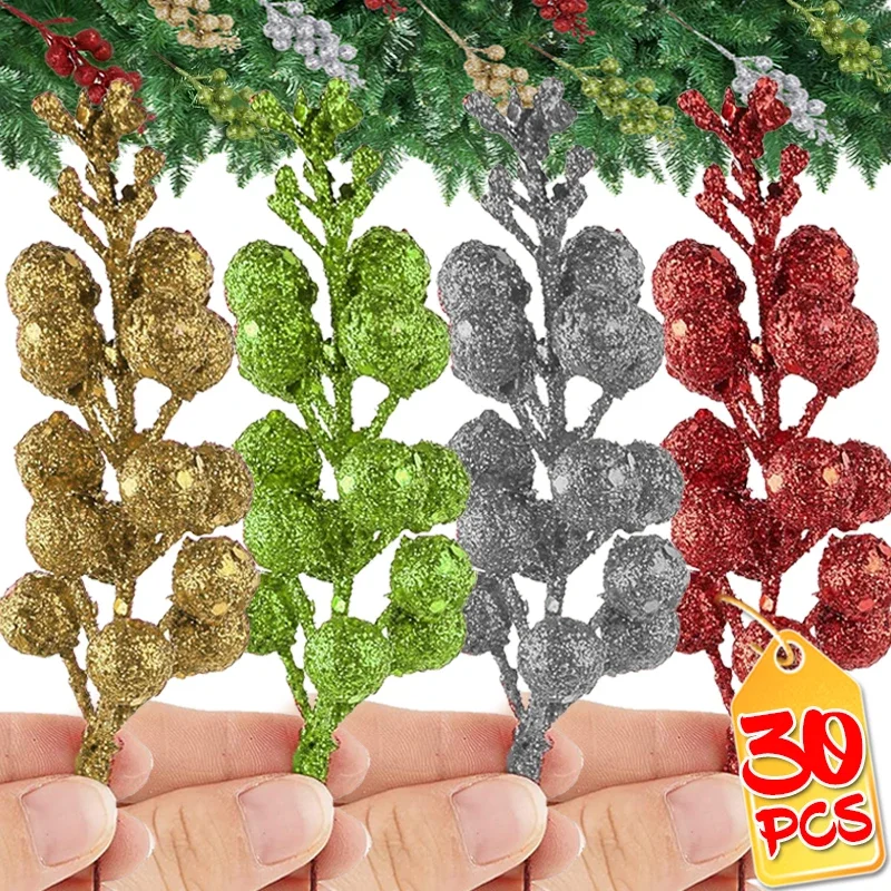 

Artificial Glitter Berries Branch Gold Powder Xmas Tree Red Holly Berry Flowers Fake Plant Christmas Party Ornaments Home Decors