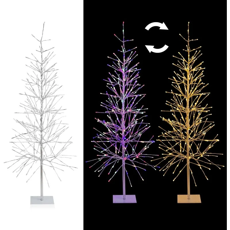 Alpine Corporation 65 بوصة ارتفاع داخلي/خارجي شجرة عيد الميلاد المصنوعة مسبقًا من رقائق الفضة مع حصة ساحة وأضواء LED 360 درجة، زينة عيد الميلاد #1