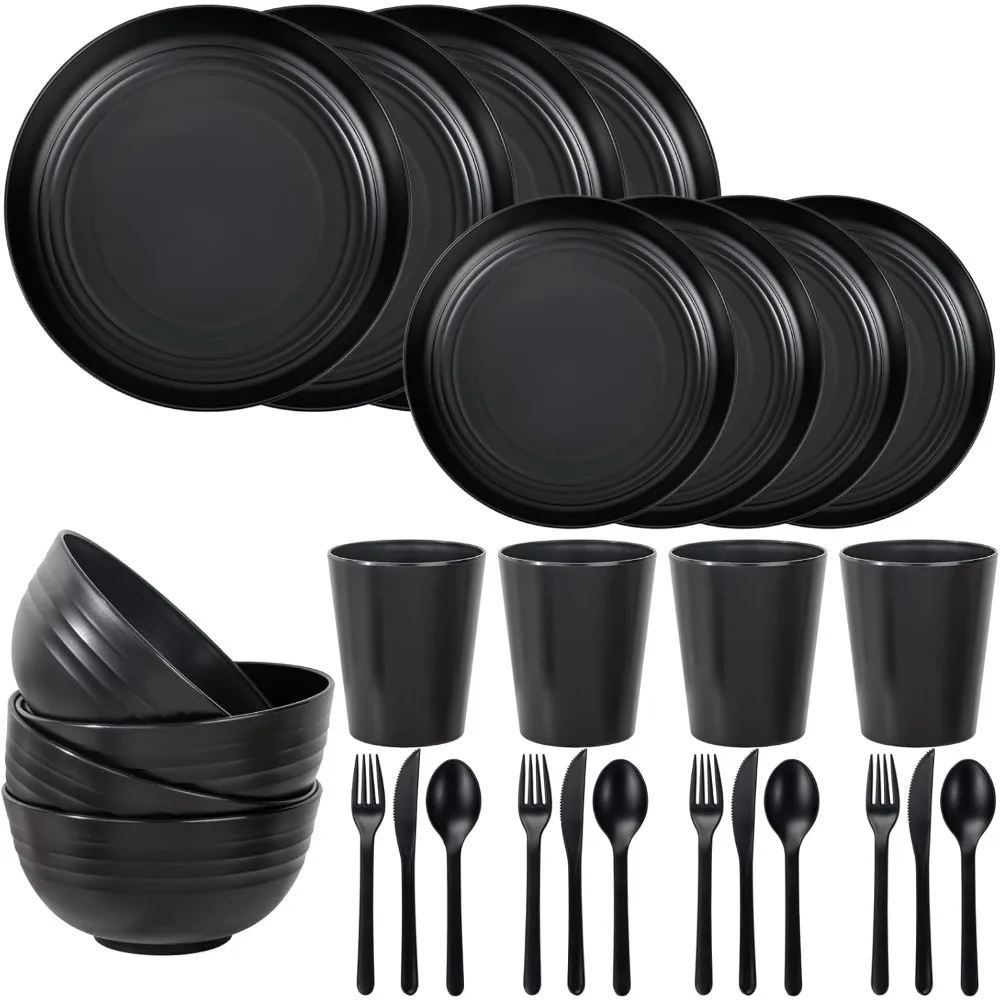 

28 шт., набор посуды из черной пшеничной соломы, небьющиеся многоразовые тарелки, миски, чашки и столовые приборы для кемпинга, пикника на открытом воздухе