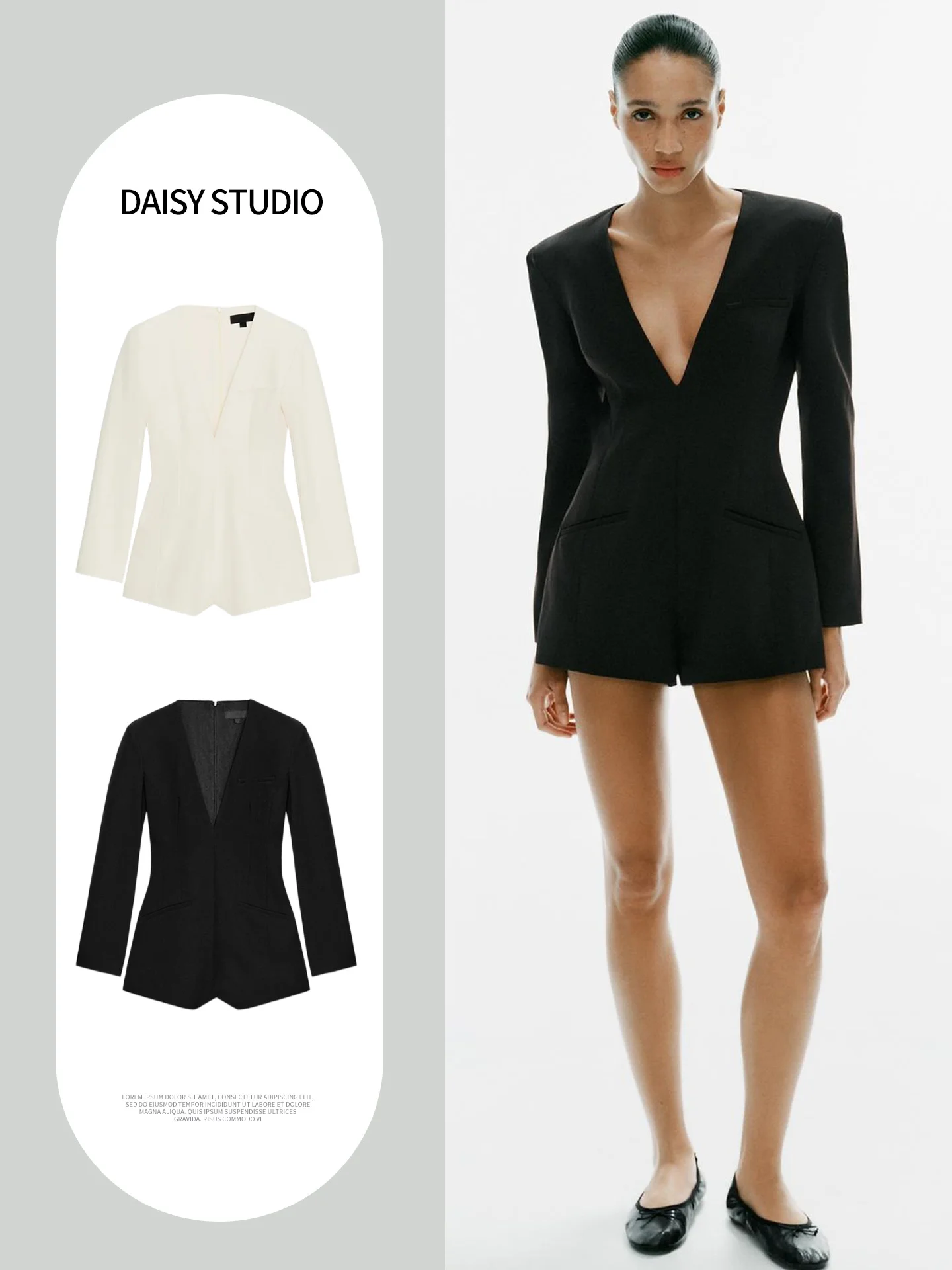 Fall New Arrival Women's Casual Long Sleeve Deep V-Neck Zipper Short One-Piece Suit Shoulder Pad High Waist Straight Leg Pants