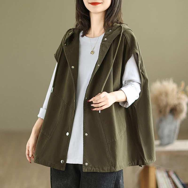 

Fashionable Cotton Linen Vest Jacket with Hat Large Size Women's Workwear Style Commute Style Regular Length Single Button