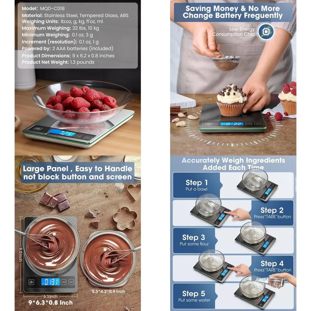 

Digital Kitchen Scale, 22lbs Capacity, Grey Stainless Steel, Measures Grams and Ounces for Cooking and Baking, 1g/0.1oz Accuracy