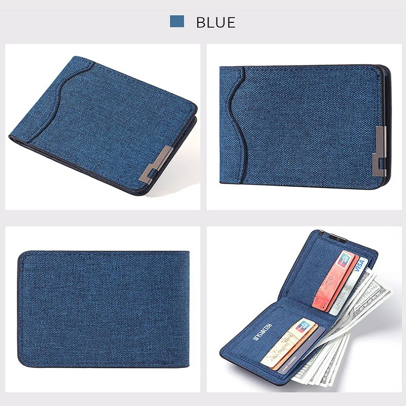 Men\'s And Women\'s Slim Fit Double Fold Canvas Wallet With Metal Decoration, Casual Denim Style Cash And Card Wallet
