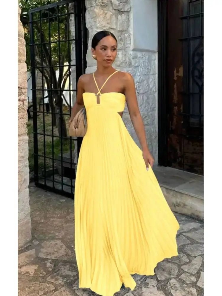 

2026 High Waist Pleated Maxi Dress Women Sleeveless Backless Holiday Dress Summer Sexy Halter Hollow Off Shoulder Party Dresses