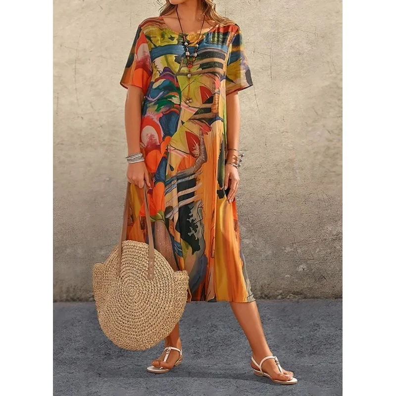 2023 Summer New Womens Dress Round Neck Short Sleeve Loose Fashion Casual Art Print Pullover Holiday Rope Vintage Female Dresses