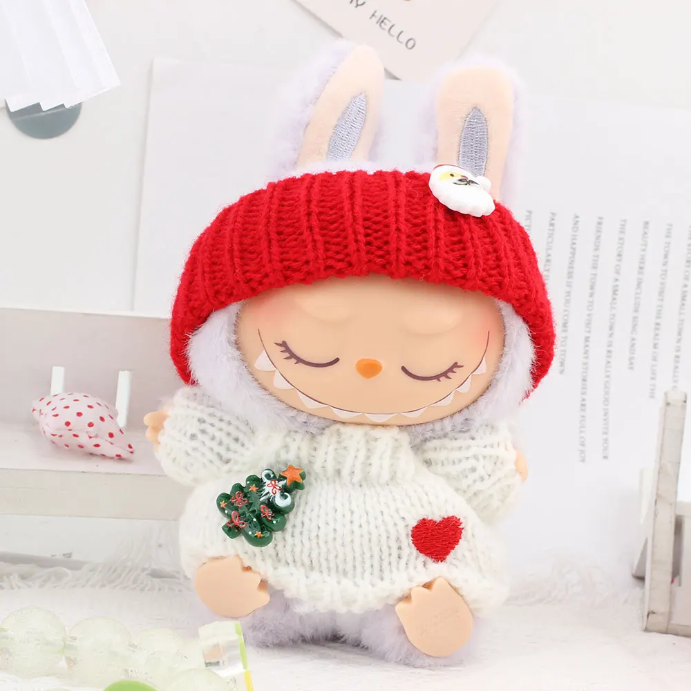ชุดเสื้อผ้าตุ๊กตา Labubu ใหม่ เสื้อสเวตเตอร์คริสต์มาสสีแดง หมวก และผ้าพันคอ ขนาด 17 ซม. รองเท้า ตุ๊กตา อุปกรณ์ DIY