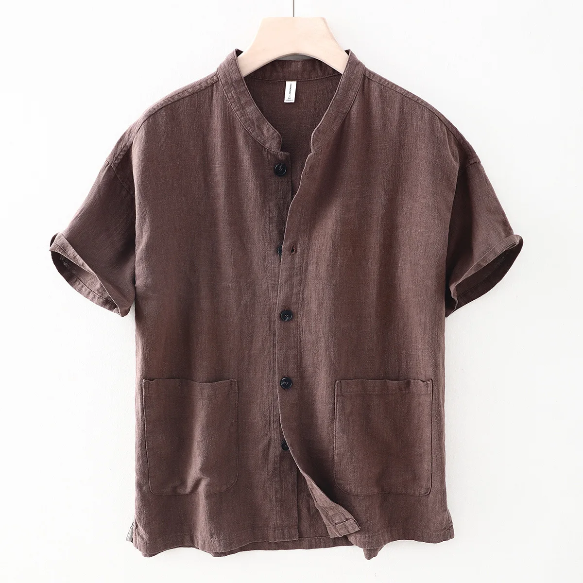 

Летняя мужская хлопково-льняная рубашка с коротким рукавом в китайском стиле, однотонная простая тонкая дышащая рубашка с воротником-стойкой и карманом