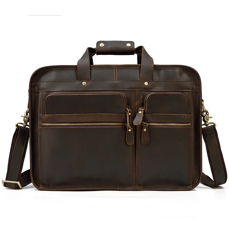 Vintage Leather Mens Briefcase With Pockets Cowhide Bag On Business Suitcase Crazy Horse Leather Laptop Bags 2019 Design