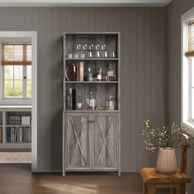 Armoire de cuisine de salle à manger avec vin T1, étagères de rangement ouvertes, portes en bois pour salon, couloir, lavage gris rustique