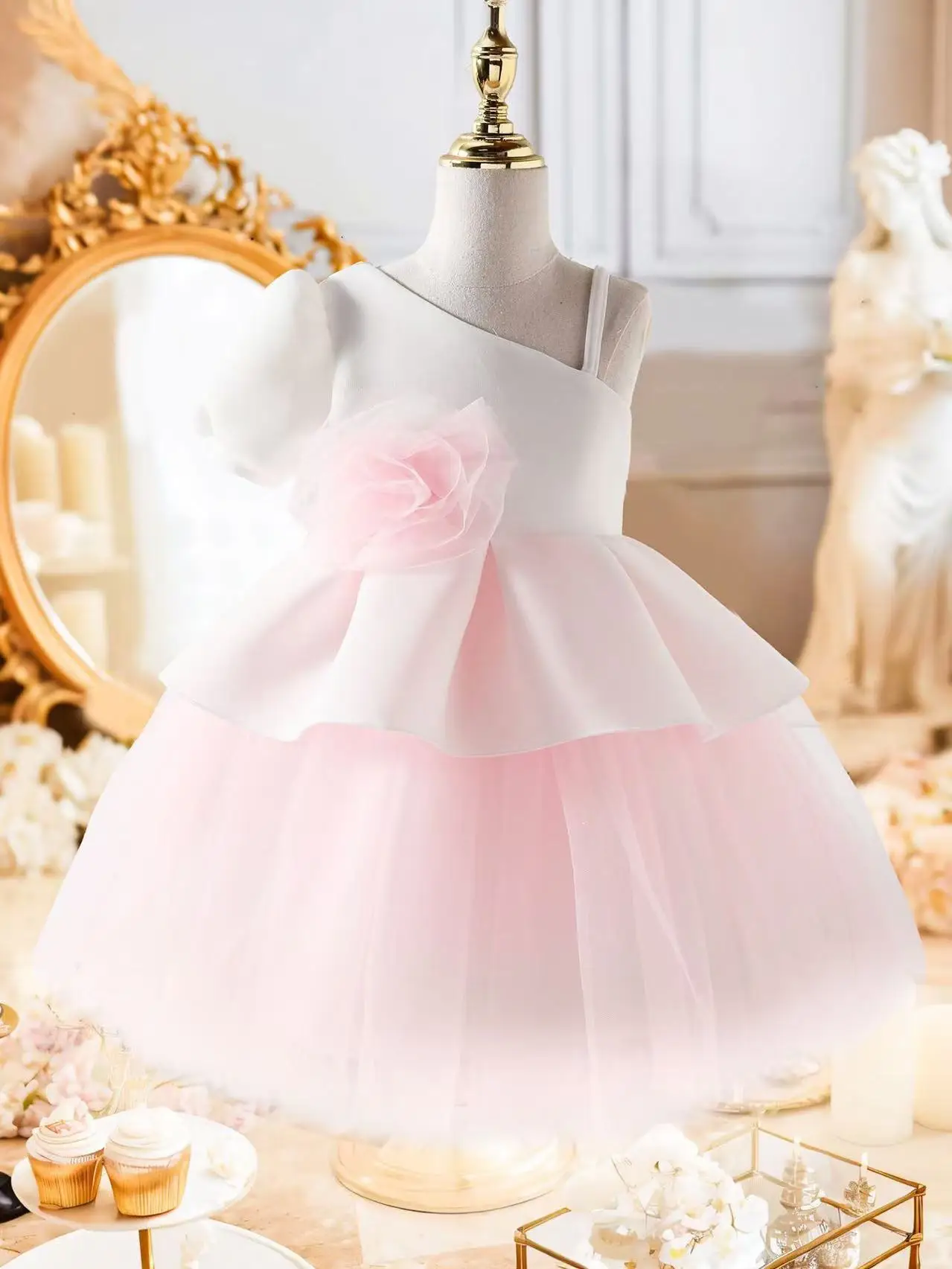 New Children's Dresses Party Princess 3D Three-Dimensional Flower Mesh Flower Girl Dresses Female 100-130CM