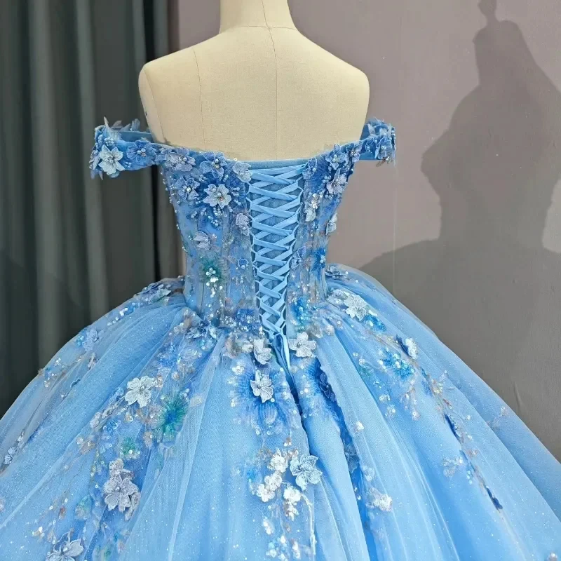 Blue Party Dress 15 Quinceanera ปิดชุดไหล่ 15 ปีชุดอย่างเป็นทางการสําหรับ 15 ปี Party ที่กําหนดเอง