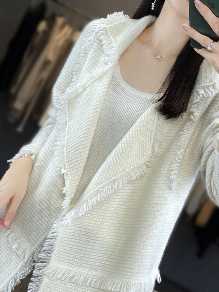 Women\'s Clothing Tassel Coat 100% Merino Wool Suit Collar Cardigan 2023 Autumn/ Winter Small Fragrance Coat Top Fashion Korean