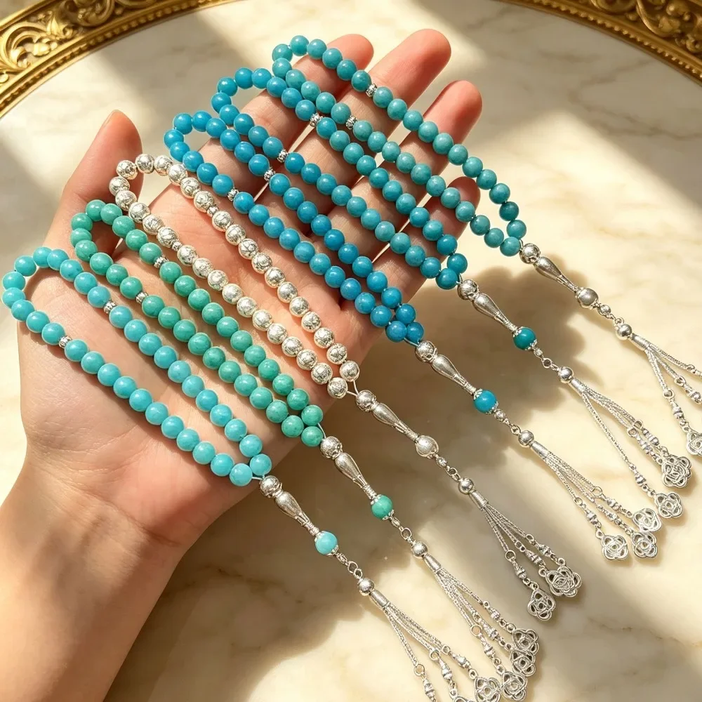 Turquoise Turkish Muslim Prayer Rosary, Handmade Resin Beads Tasbih Bracelet Tassel, Islamic Worship Collectible Daily Jewelry