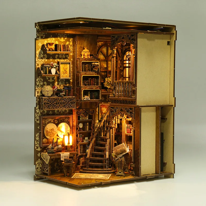 Venda quente diy livro nook prateleira kits de inserção de madeira modelo em miniatura kit cyberrpunk estante montado estante decoração para casa encaixotado