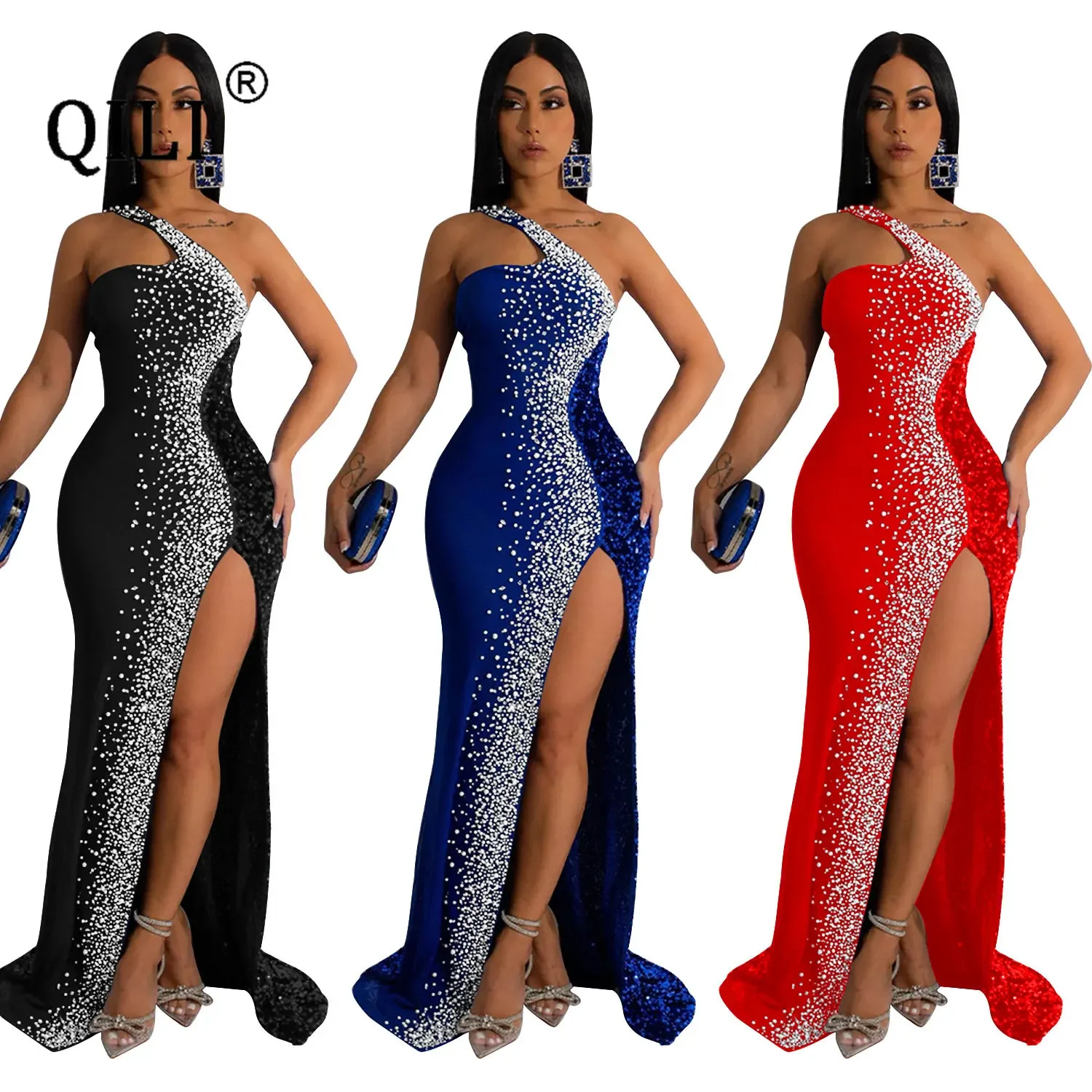 

QILI One Shoulder Rhinestone and Sequins Sexy High Split Long Dress Elegant Party Dresses for Womens Robe Blue Black Red