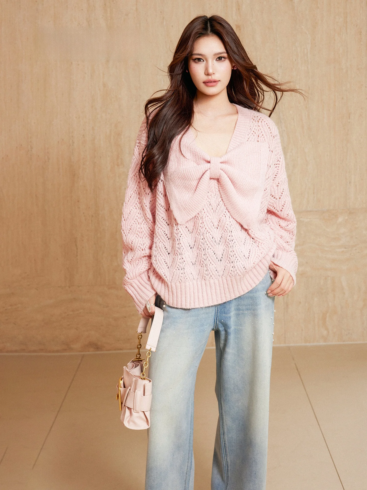

Plusmall Floral Knot Hollow V-ne Wool Blend Knitted Sweater Women's Top Sweet Sle Loose Fit Spring Casual Wear