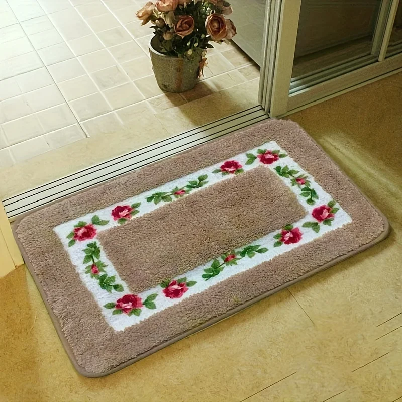 1pc Fluffy Floral Bathroom Mat, Absorbent & Quick-drying Kitchen Floor Carpet, Non-slip & Super Soft Entry Doorway Floor Rug, Fo