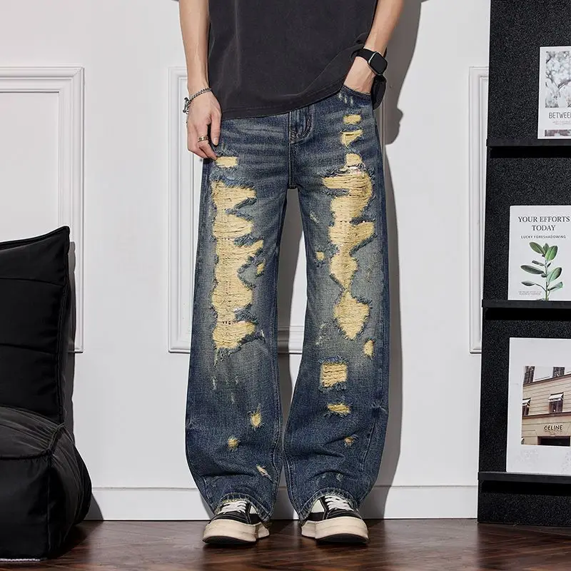 

Retro American Waed Distred Denim Jeans Loose Straight Leg Long Pants Wide Leg Trousers for Men And Women High Street Sle