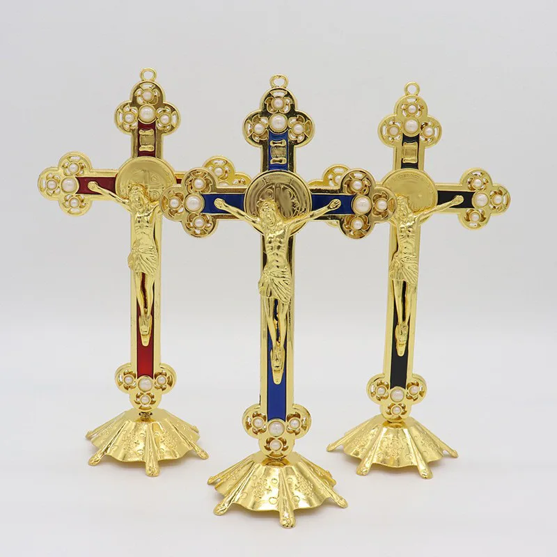 

Golden Cross Jesus Christ on the Stand Metal Christian Church Relics Figurines Catholic Home Decor