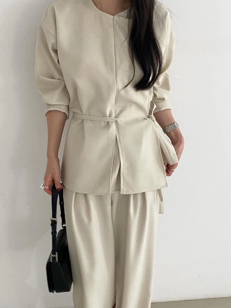 2 Two Piece Pants Suits Women Sashes Front Split Tops Shirts Korean Fashion Long Sleeve Loose Casual Elastic Waist Pants Loose