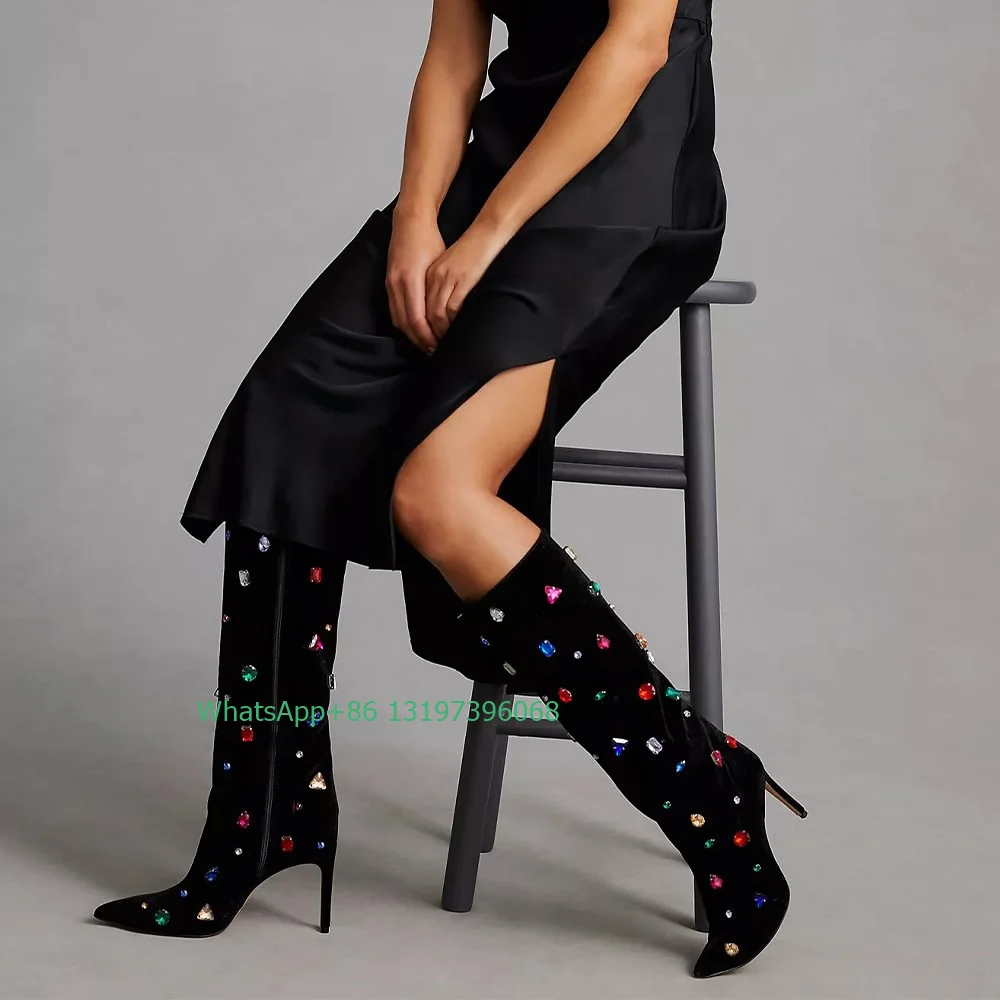 

Lady Black Knee Boots Stiletto Knee Boots With Colorful Rhinestone Decors Design Boots Sexy Party Dress Boots High Heels Size 46