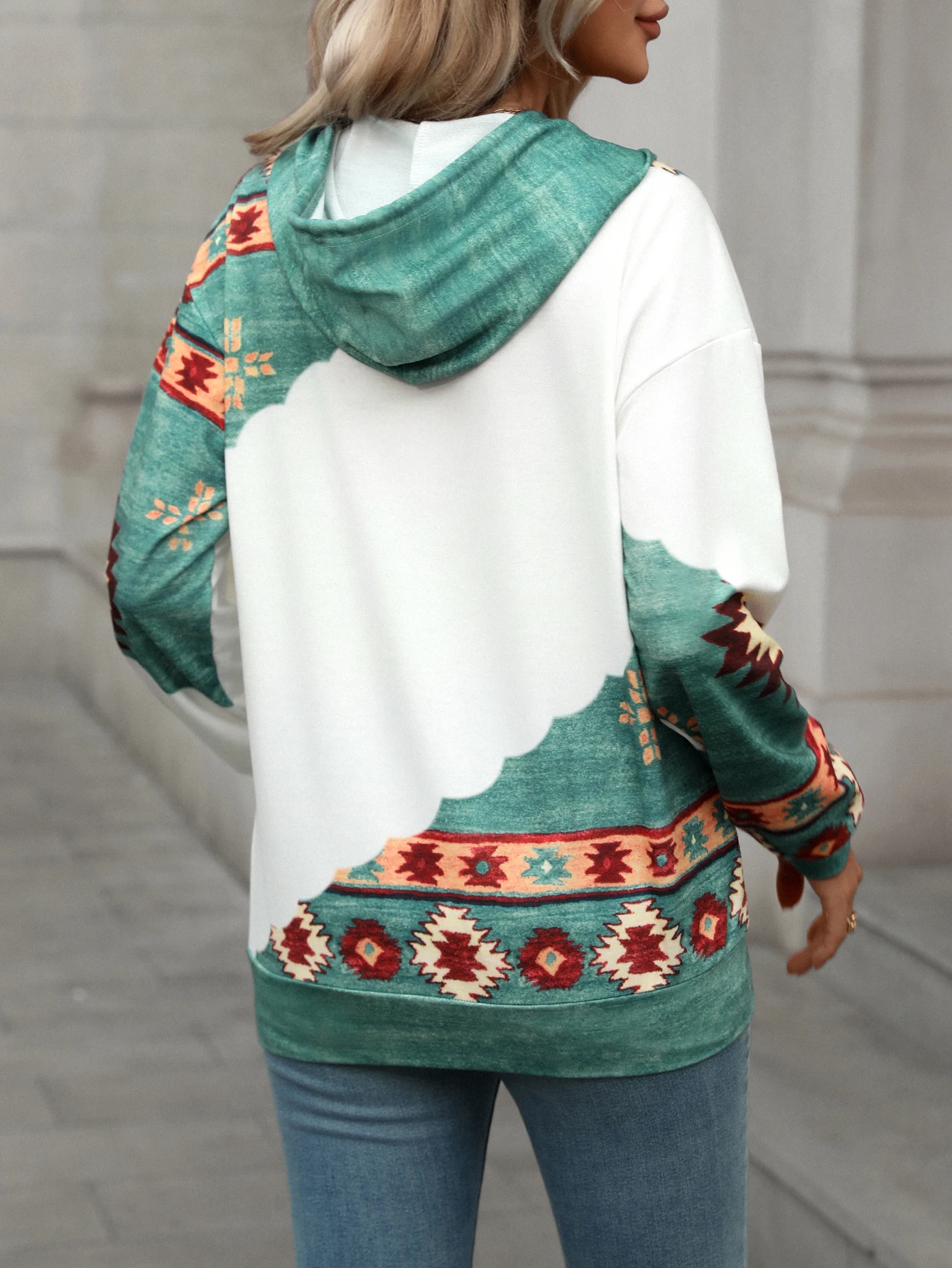 Women's casual fashion round neck pullover hoodie Western ethnic style retro print women's top hoodie