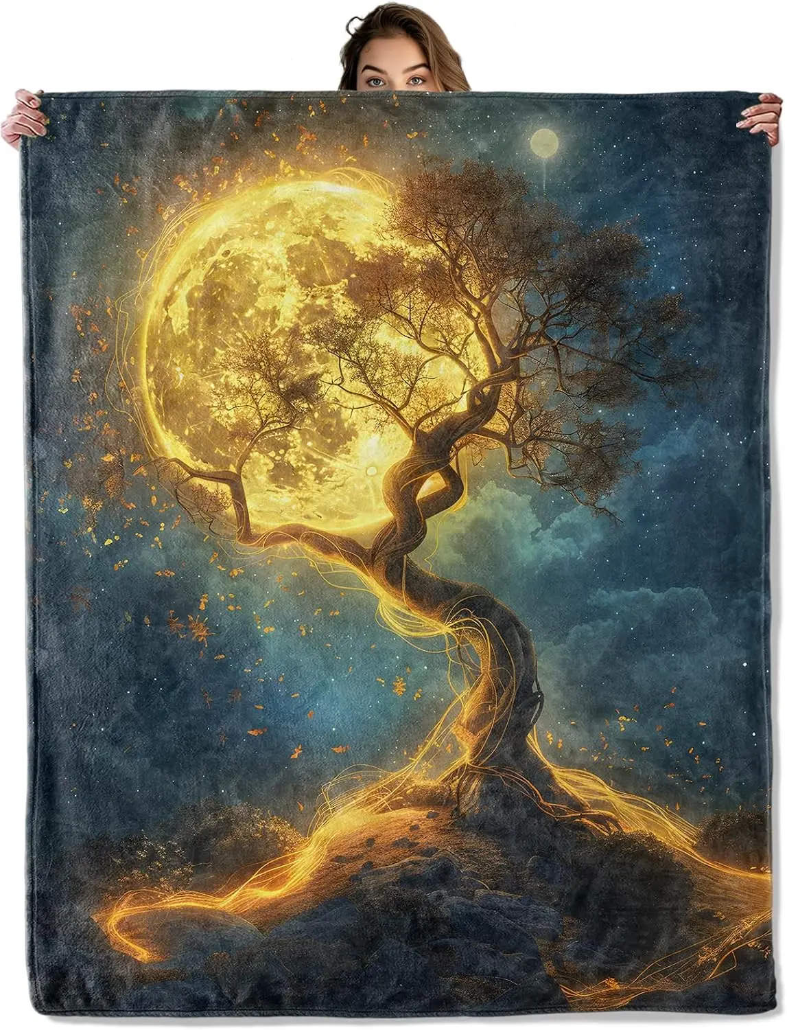 High Quality Flannel Throw Blanket Cosmic Moon Tree Galaxy Glow Mystical Fantasy Decor Cozy Winter Gift for Couch Bed Bedroom Un