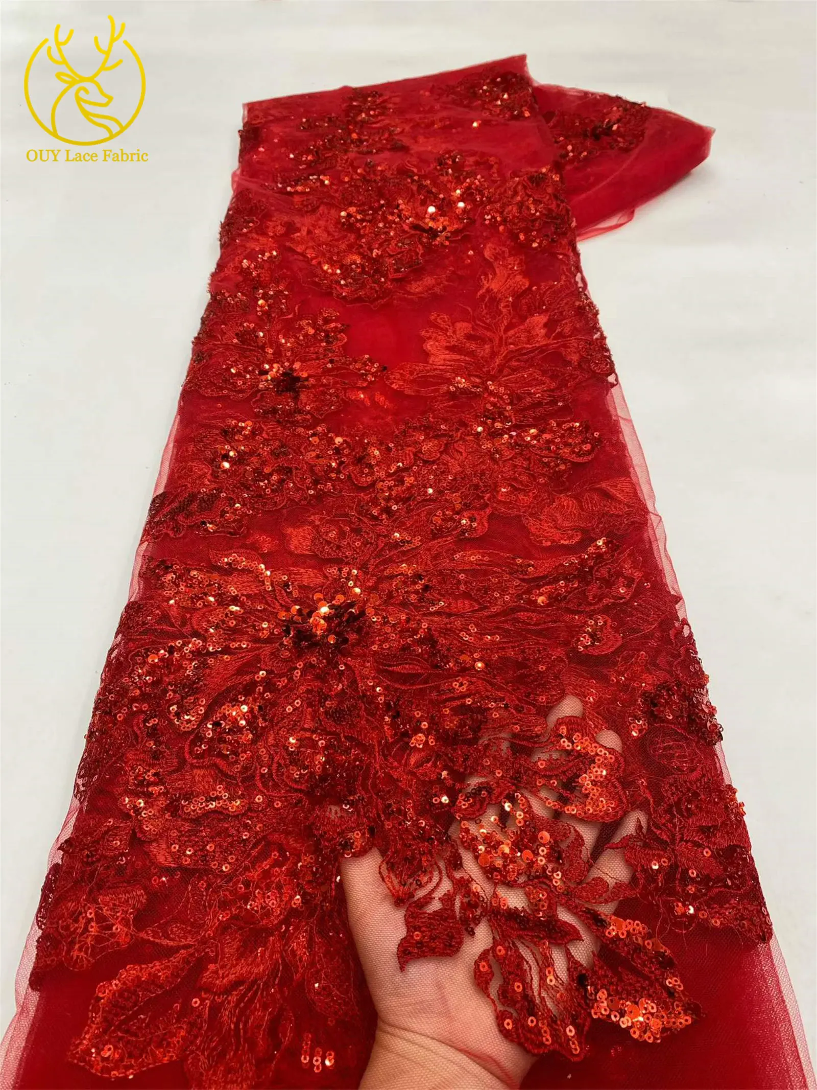Roter Afrikanischer Bräutigam-Stickerei-Blumenspitzenstoff 2026 Hochwertiger Nigerianischer Pailletten-Perlen-Tüllstoff Hochzeitskleid-Stoff – Detail 11