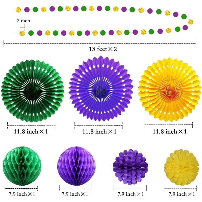Mardi Gras Gold Purple Green Glitter Circle Garland Hanging Paper Fan Tissue Pompoms for Fat Tuesday Mardi Gras Party Decoration image 2