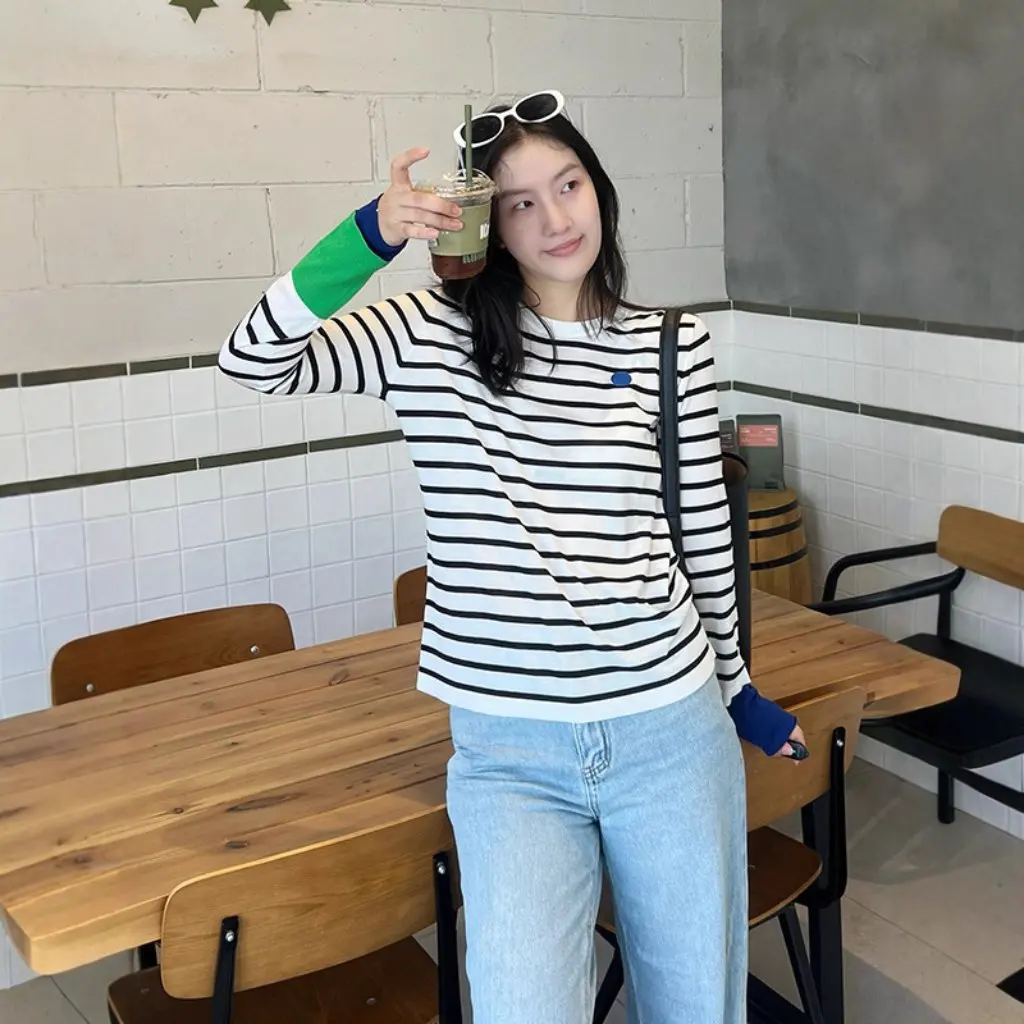 

Spring Women's Classic Casual Striped Long Sleeve T-Shirt Acetate Cotton Base Shirt Neutral Color Block Sleeve Base Layer Top