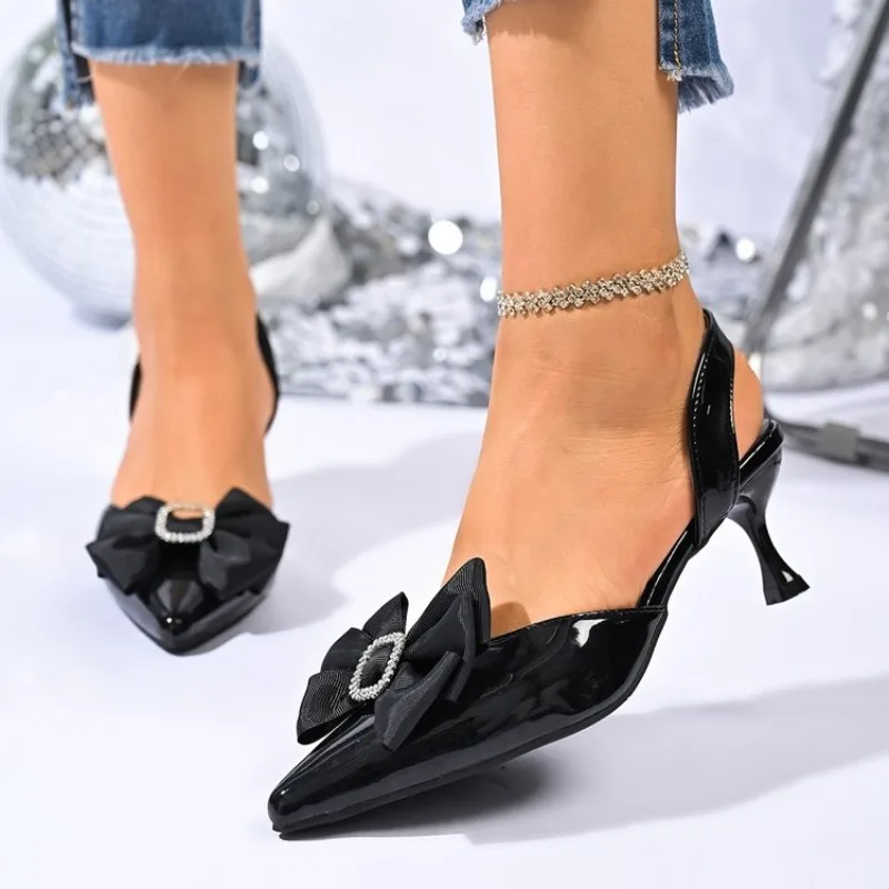 Women's Slingbacks Pointed Toe Kitten Heel Glossy Finish Bow Detail Rhinestone Buckle Party Dress Shoes Classic Style Choices