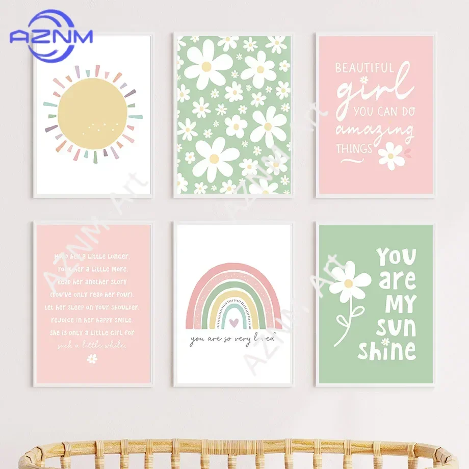 Cute Pink & Green Daisy Wall Art Prints Inspirational Quotes for Girls Bedroom Decor