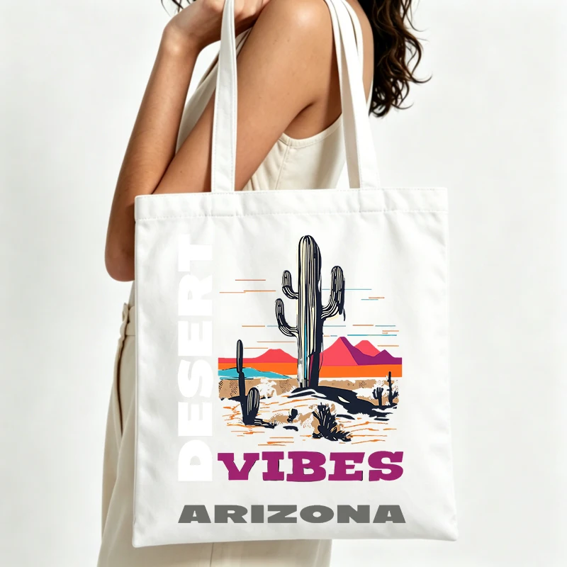 desert cactus graphic canvas tote bag with retro landscape print, ideal for casual outings and summer shopping