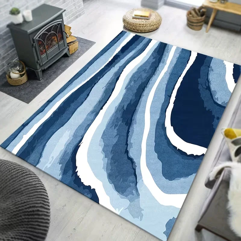 Abstract Marble Fluid Wave Area Rug Blue White Gradient Art Print Soft Floor Mat Modern Carpet for Living Room Bedroom Sofa
