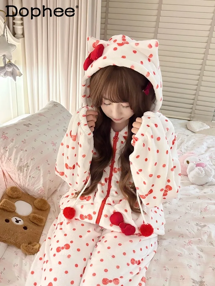 

Sweet and Cute Polka Dot Bow Hooded Zipper Plush Pajamas Cartoon Cat Ears Wearable Homewear for Women