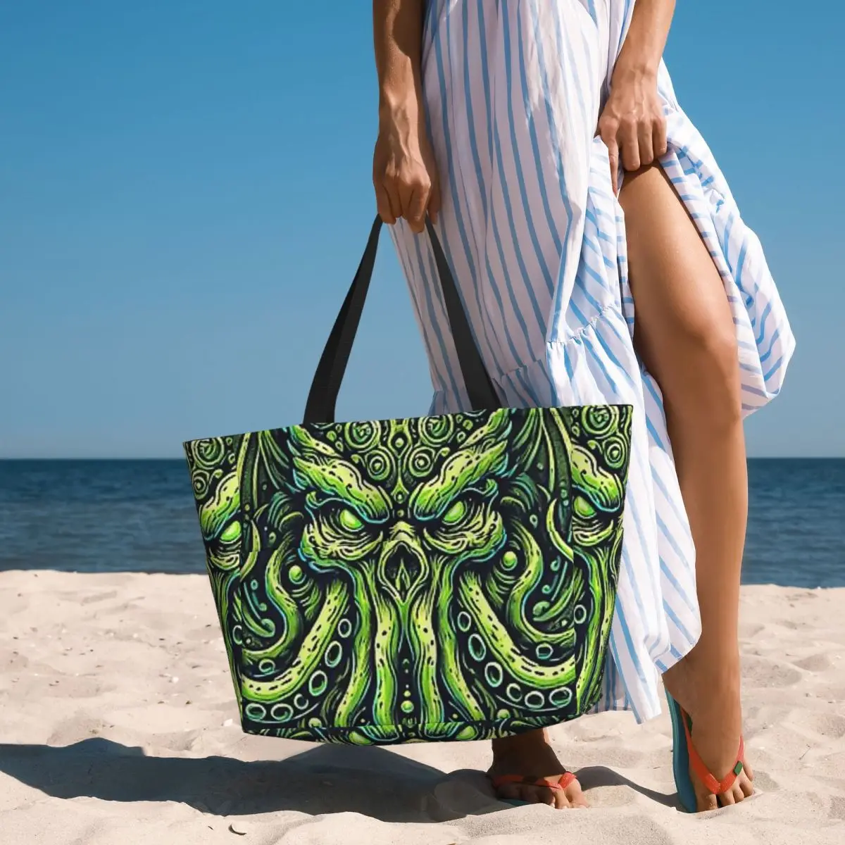

Green Cthulhu Octopus With Tentacles And Teeth Beach Tote Bag Sport Gym Yoga Duffle Large Tote Bag Women Travel Bag Fitness bag
