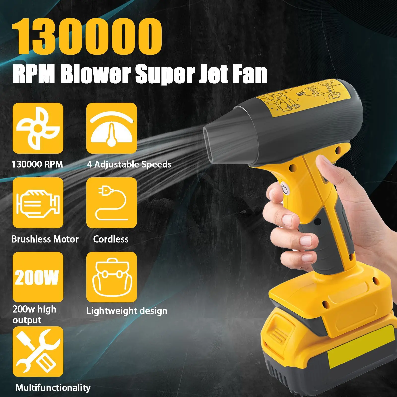 

130000 RPM 200W Brushless Turbo Jet Fan for Dewalt 20V Battery Cordless Handheld Violent Blower for Car Pet Hair Dust Removal