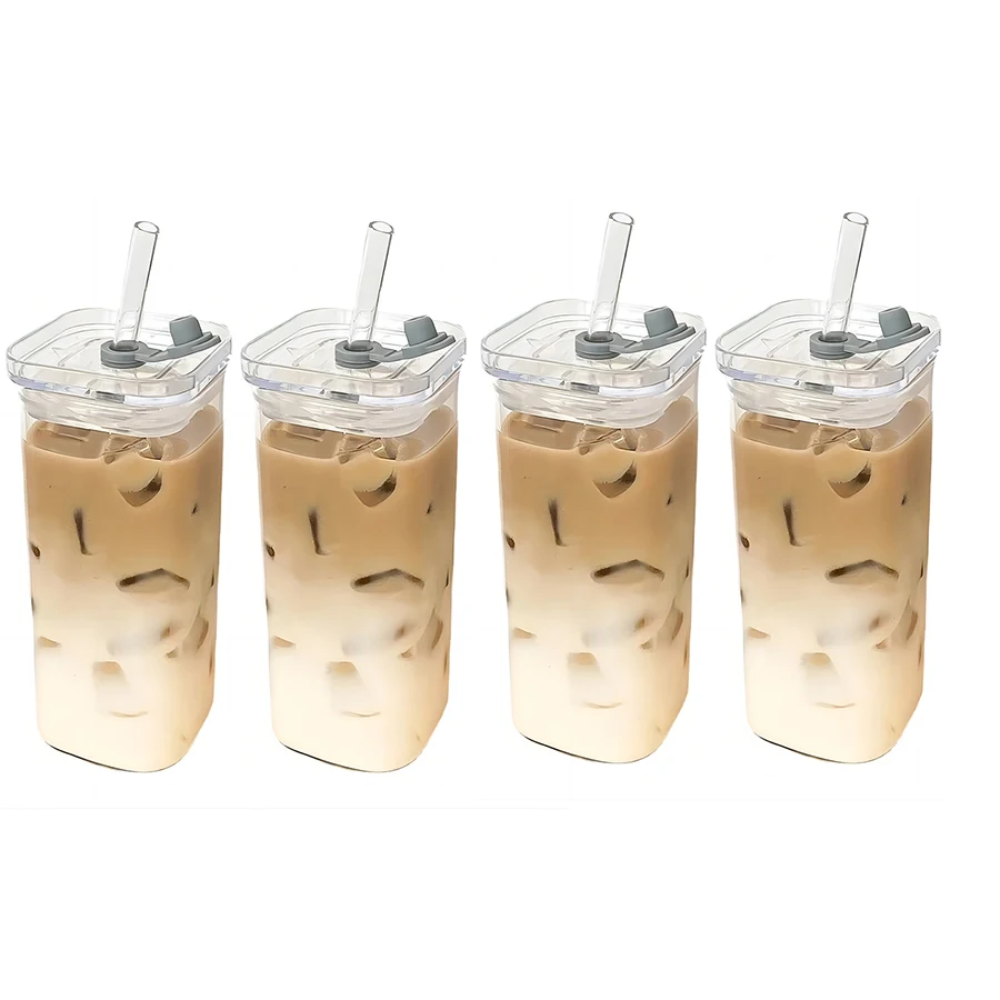 1/2/4PCS Square Heat Resistant Coffee Glass Cup With Lid and Straw Transparent Milk Tea Juice Cups Coffee Mug Drinkware