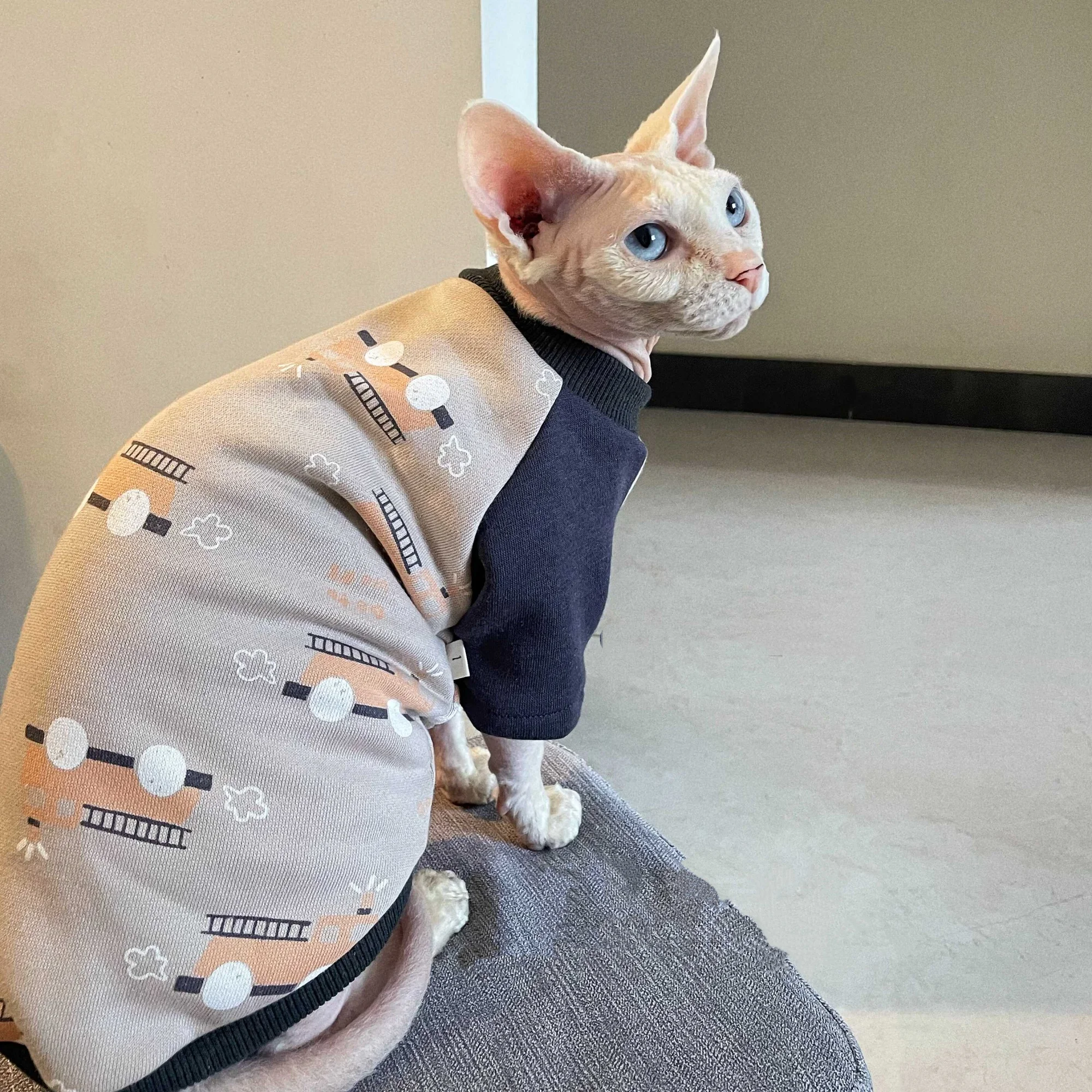 Winter Long Sleeved Sweatshirt for Sphynx Cat Grey Cartoon Cars Fleece Coat for Kittens in Autumn Warm Pajamas for Devon Rex